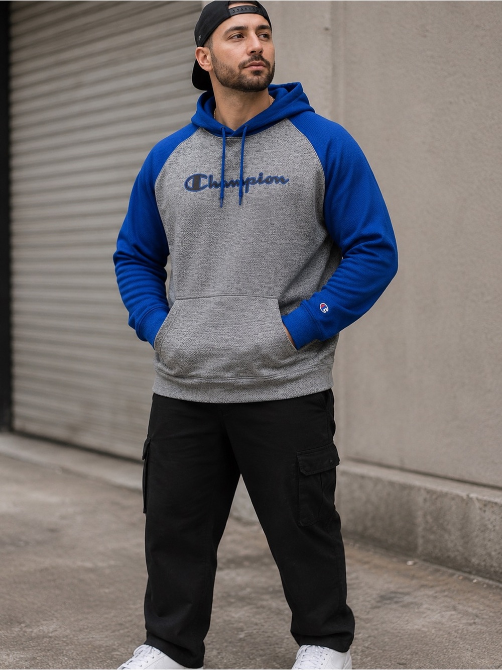 Champion Hoodie Men’s 2XL Gray Blue Pullover Sweatshirt Streetwear Athletic